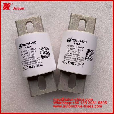 محرک برق سیستم های برق فیوزهای اتوماتیک سرامیکی RS309-MD 600A 500VAC 200KA 500VDC 50KA AR وسایل نقلیه الکتریکی لوله ای 30-800A