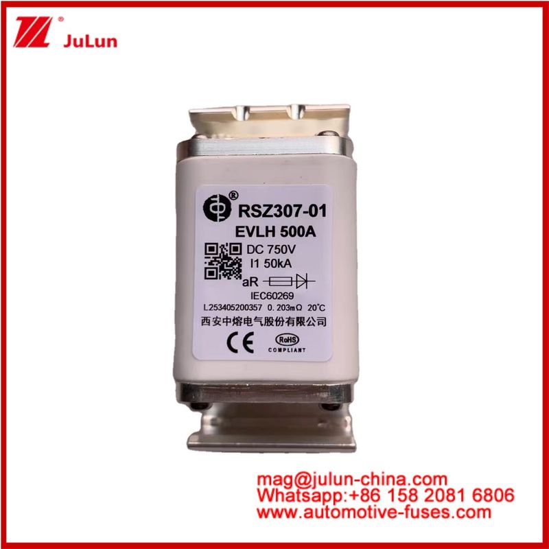 RSZ307-01 EVLH 500A 750VDC فیوز 50KA مربع سرامیکی شارژرهای خودرو وسایل نقلیه الکتریکی و تجهیزات اندازه کوچک ذوب کم I2t ارزش بالا شکستن ظرفیت انرژی