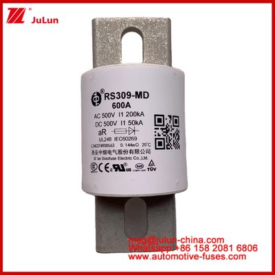 محرک برق سیستم های برق فیوزهای اتوماتیک سرامیکی RS309-MD 600A 500VAC 200KA 500VDC 50KA AR وسایل نقلیه الکتریکی لوله ای 30-800A